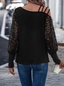 SHEIN LUNE Top con encaje de cuello asimétrico - Negro - Ver 2