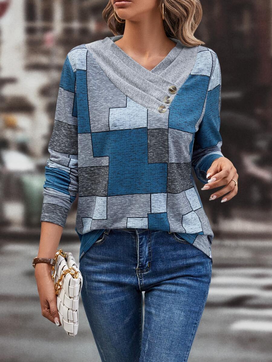 SHEIN LUNE Colourblock & Geo Print Button Detail Tee - Multicolor - View 1