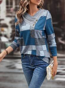 SHEIN LUNE Colourblock & Geo Print Button Detail Tee - Multicolor - View 3