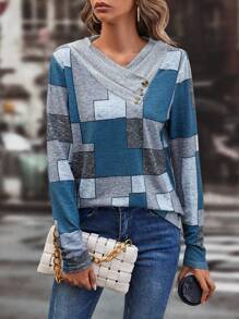 SHEIN LUNE Colourblock & Geo Print Button Detail Tee - Multicolor - View 5