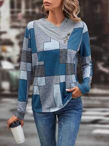 SHEIN LUNE Colourblock & Geo Print Button Detail Tee - Multicolor - View 6