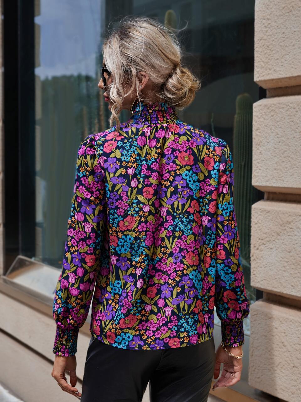 Allover Floral Print Mock Neck Blouse