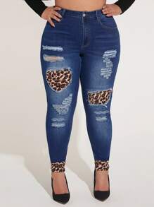 SHEIN SXY Quần Denim kích thước lớn Nút Túi Dây kéo Bị tách In hoa Báo - Rửa tối - Xem 1