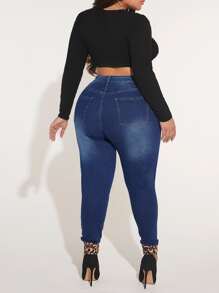SHEIN SXY Quần Denim kích thước lớn Nút Túi Dây kéo Bị tách In hoa Báo - Rửa tối - Xem 2