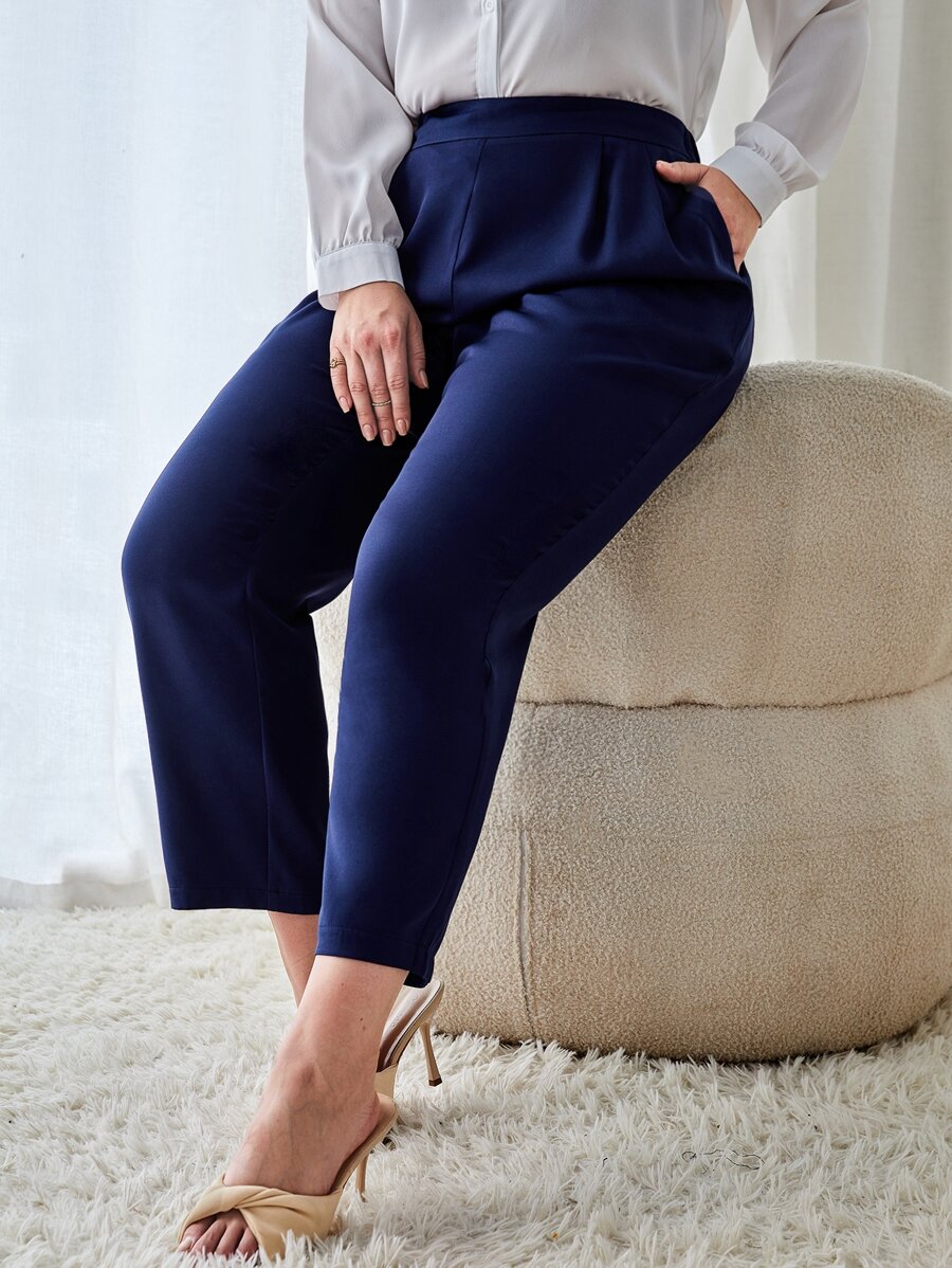 SHEIN Clasi Plus Slant Pocket Straight Leg Trousers - Navy Blue - View 1