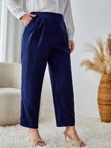 SHEIN Clasi Plus Slant Pocket Straight Leg Trousers - Navy Blue - View 3