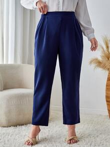 SHEIN Clasi Plus Slant Pocket Straight Leg Trousers - Navy Blue - View 4