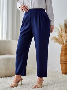 SHEIN Clasi Plus Slant Pocket Straight Leg Trousers - Navy Blue - View 5