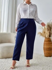 SHEIN Clasi Plus Slant Pocket Straight Leg Trousers - Navy Blue - View 6