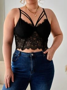 SHEIN CURVE+ Kích thước lớn Ren gợi cảm Quần skinny Thon gọn Áo ba lỗ Áo - màu đen - Xem 3