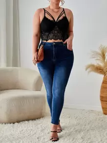 SHEIN CURVE+ Kích thước lớn Ren gợi cảm Quần skinny Thon gọn Áo ba lỗ Áo - màu đen - Xem 5