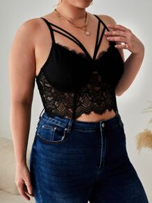 SHEIN CURVE+ Kích thước lớn Ren gợi cảm Quần skinny Thon gọn Áo ba lỗ Áo - màu đen - Xem 1