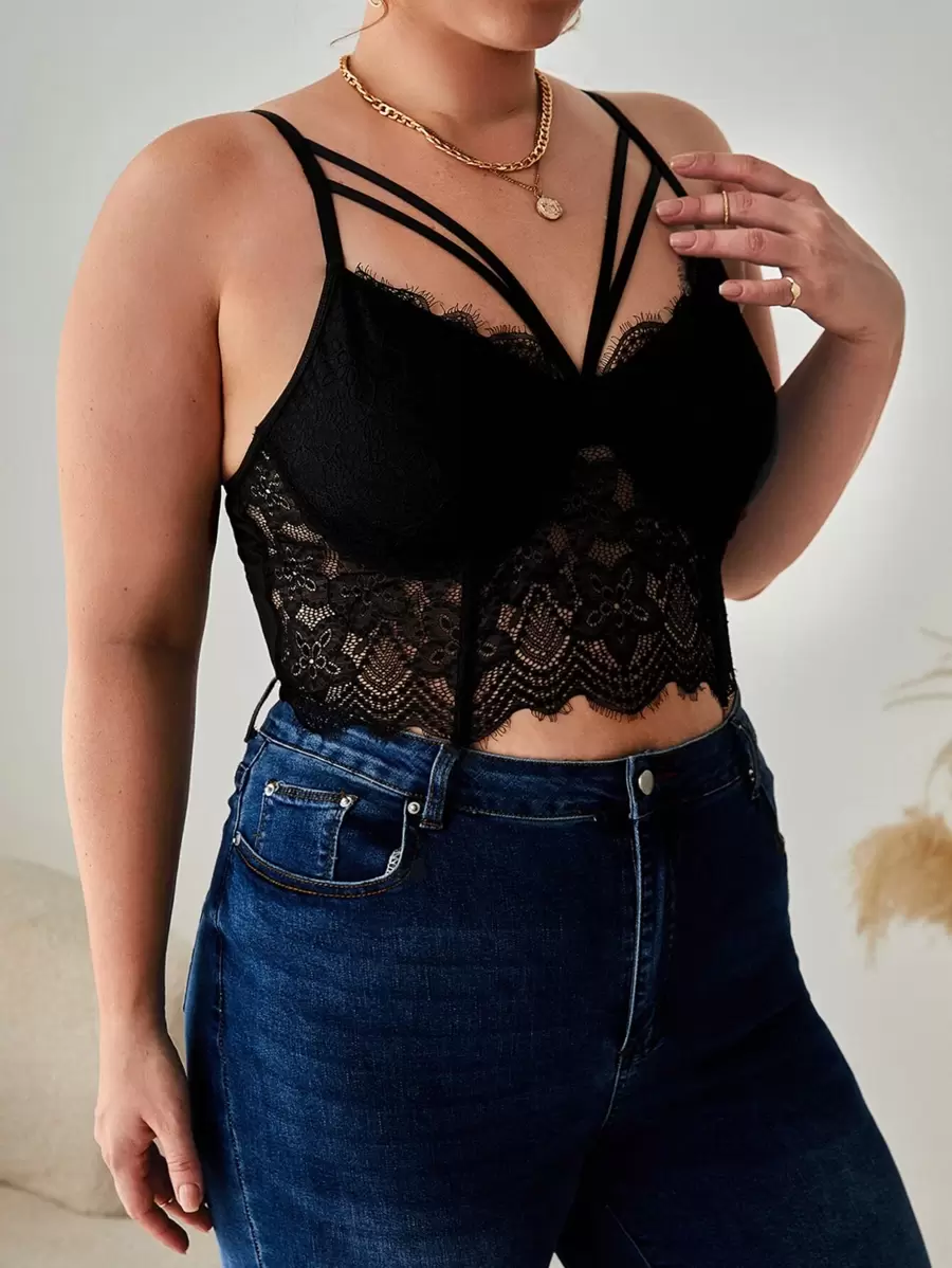 SHEIN CURVE+ Kích thước lớn Ren gợi cảm Quần skinny Thon gọn Áo ba lỗ Áo - màu đen - Xem 1