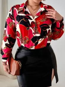 SHEIN Clasi 大碼錬條圖案前紐扣襯衫 - 彩色 - 查看 1