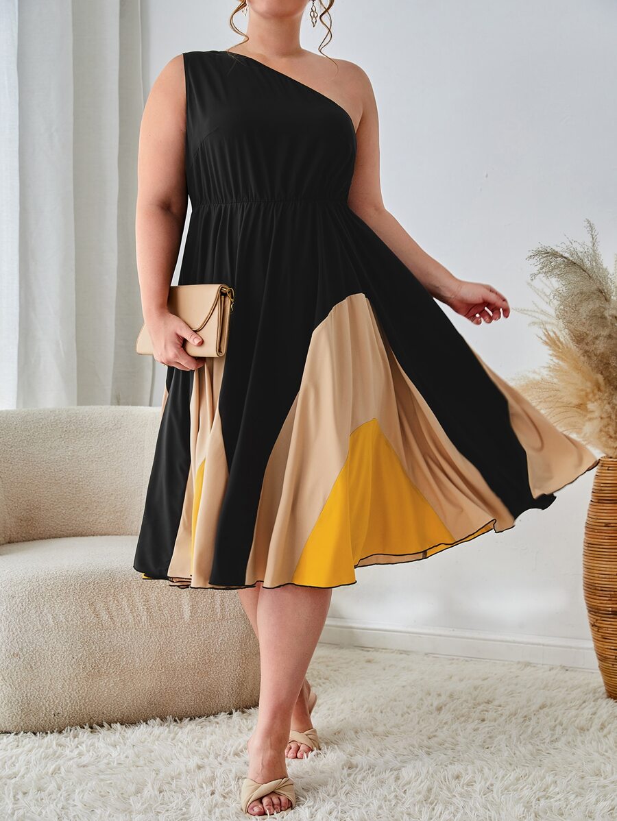 SHEIN Clasi 大碼撞色單肩洋裝 - 彩色 - 查看 1