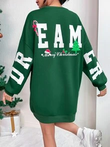 Christmas Print Drop Shoulder Longline Sweatshirt - Dark Green - View 3