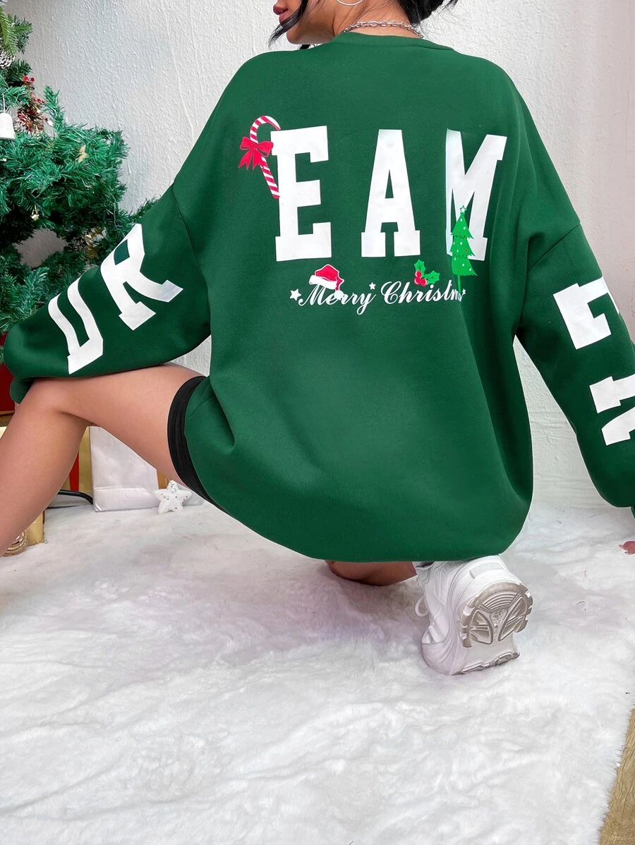 Christmas Print Drop Shoulder Longline Sweatshirt - Dark Green - View 1
