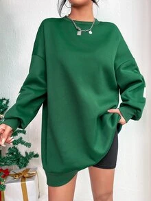 Christmas Print Drop Shoulder Longline Sweatshirt - Dark Green - View 4