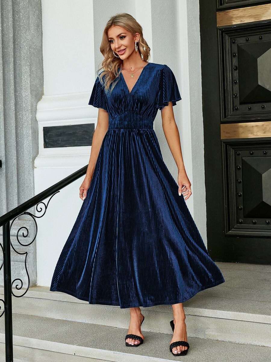 Simplee Solid V Neck Butterfly Dress - Navy Blue - View 1