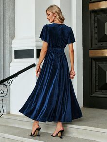 Simplee Solid V Neck Butterfly Dress - Navy Blue - View 2