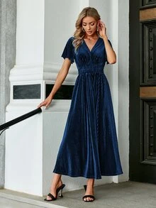 Simplee Solid V Neck Butterfly Dress - Navy Blue - View 4