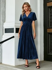 Simplee Solid V Neck Butterfly Dress - Navy Blue - View 6
