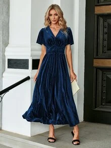 Simplee Solid V Neck Butterfly Dress - Navy Blue - View 7