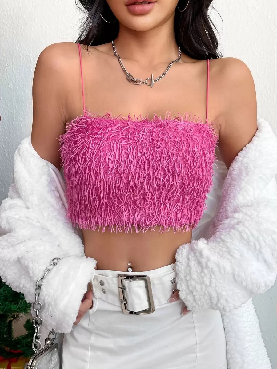 SHEIN ICON 素色毛茸茸吊帶短上衣 - 玫紅色 - 查看 1