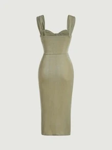 SHEIN BAE Ruched Bust Split Thigh Dress - Olive Green - View 2