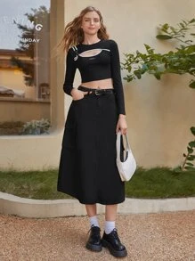 SHEIN MOD Letter Patched Detail Crop Tee - Black - View 6