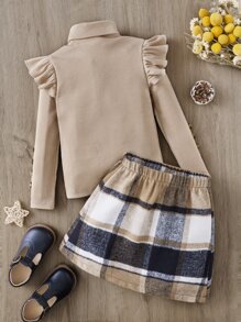 Toddler Girls Ruffle Trim High Neck Tee & Plaid Print Skirt - Multicolor - View 2
