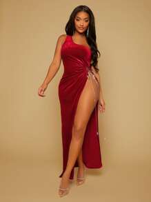 SHEIN SXY One Shoulder Cut Out Drawstring Split Thigh Velvet Dress - Burgundy - View 3