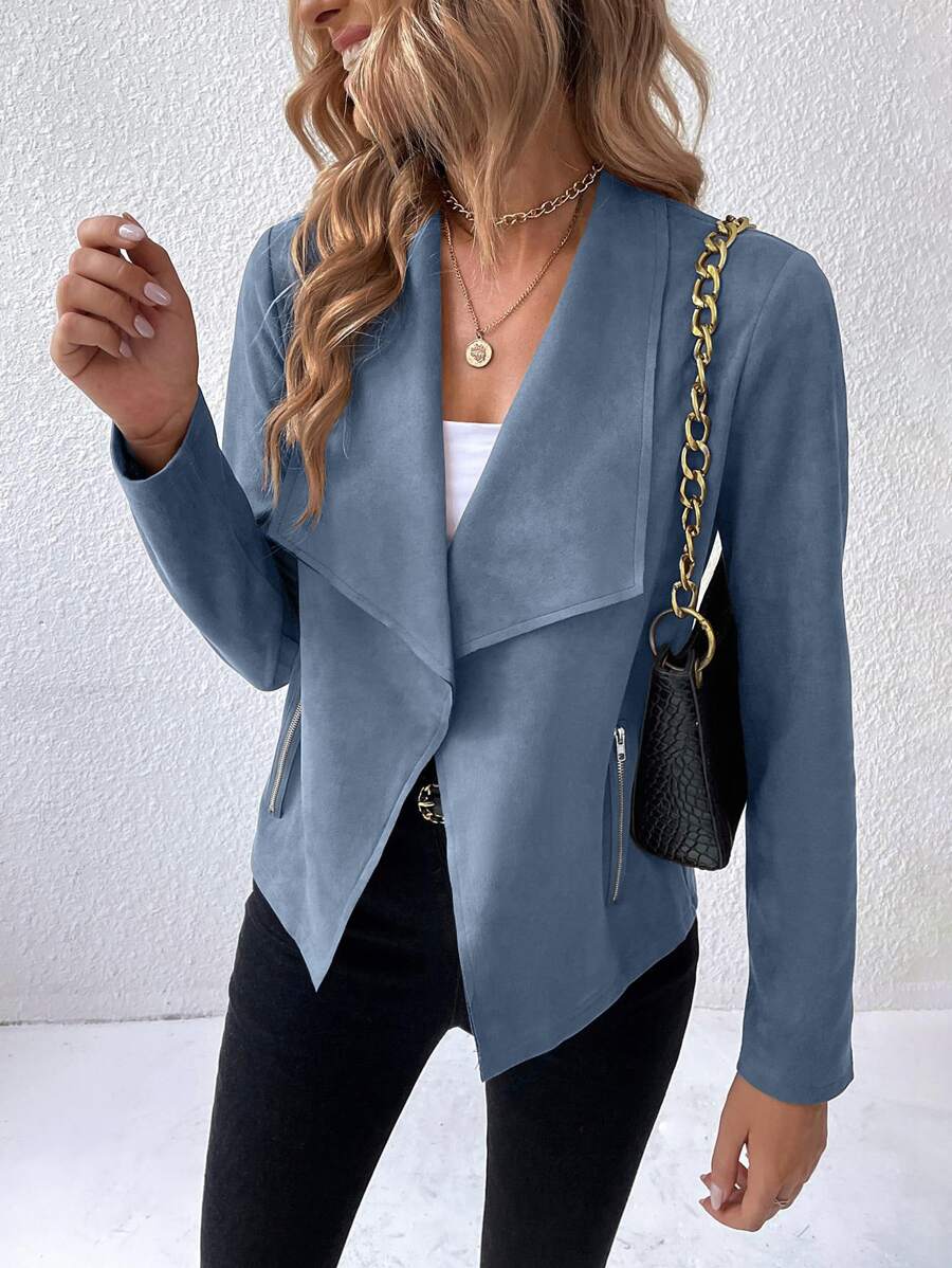SHEIN Privé Waterfall Collar Open Front Faux Suede Jacket - Dusty Blue - View 1
