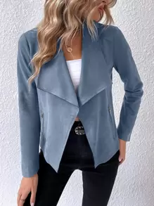 SHEIN Privé Waterfall Collar Open Front Faux Suede Jacket - Dusty Blue - View 4