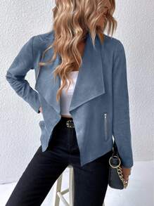 SHEIN Privé Waterfall Collar Open Front Faux Suede Jacket - Dusty Blue - View 5