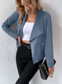 SHEIN Privé Waterfall Collar Open Front Faux Suede Jacket - Dusty Blue - View 6