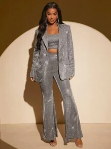 SHEIN SXY 秋冬翻领单扣亮片西装外套 - 銀色 - 查看 6