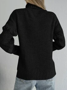 Cloudara Turtleneck Fringe Trim Drop Shoulder Sweater - Black - View 2