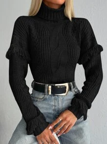 Cloudara Turtleneck Fringe Trim Drop Shoulder Sweater - Black - View 4