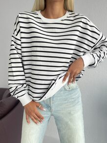 EURMUSE 100%Cotton Striped Print Drop Shoulder Sweatshirt - Black and White - View 8