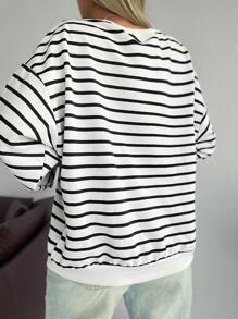 EURMUSE 100%Cotton Striped Print Drop Shoulder Sweatshirt - Black and White - View 2