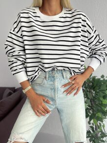 EURMUSE 100%Cotton Striped Print Drop Shoulder Sweatshirt - Black and White - View 3