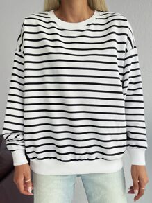 EURMUSE 100%Cotton Striped Print Drop Shoulder Sweatshirt - Black and White - View 4