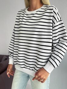 EURMUSE 100%Cotton Striped Print Drop Shoulder Sweatshirt - Black and White - View 5