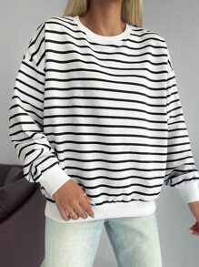 EURMUSE 100%Cotton Striped Print Drop Shoulder Sweatshirt - Black and White - View 6