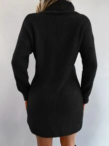 EURMUSE Turtleneck Drop Shoulder Jumper Dress Without Belt - Black - View 2