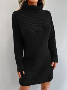 EURMUSE Turtleneck Drop Shoulder Jumper Dress Without Belt - Black - View 5