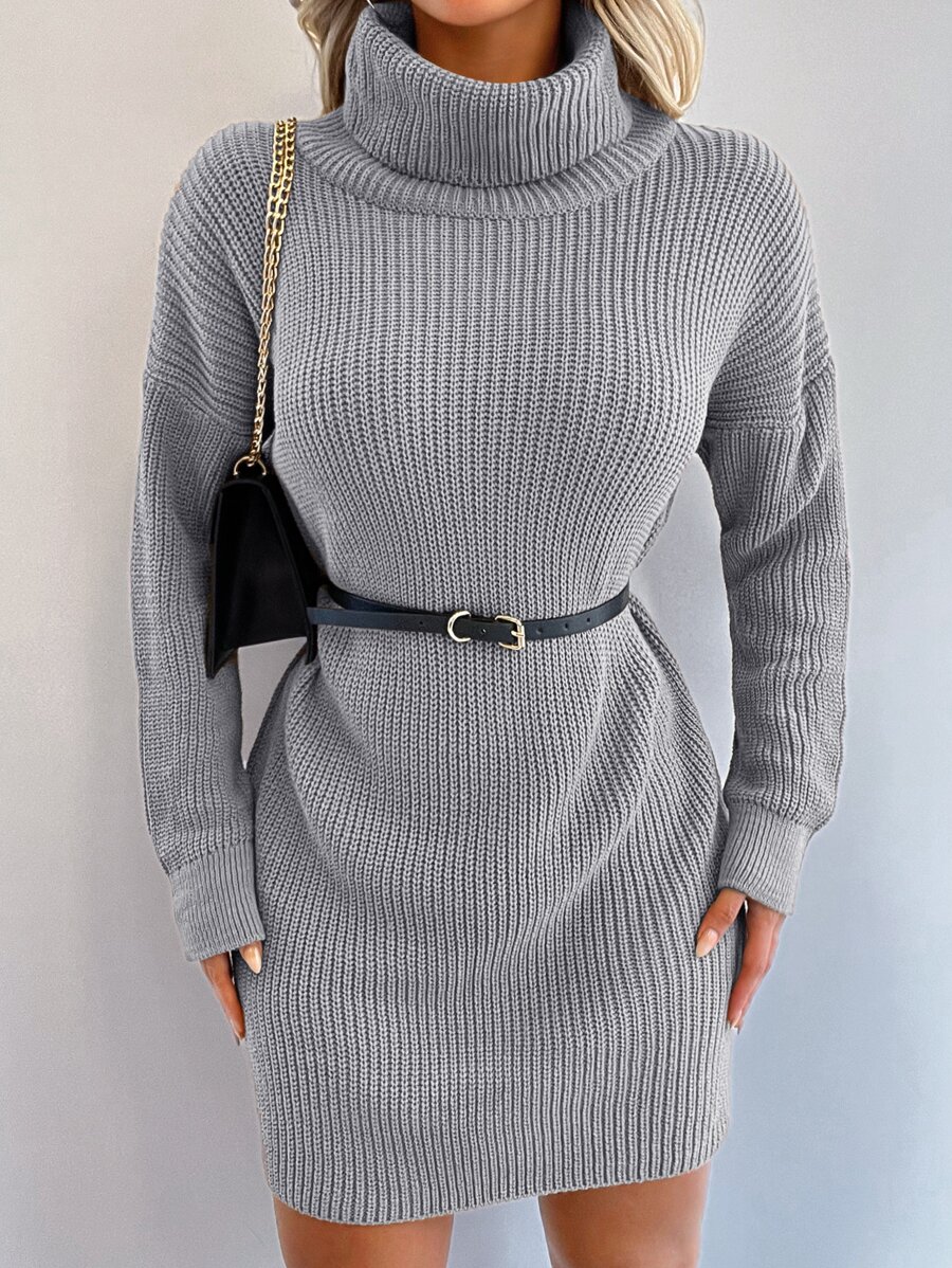 EURMUSE Turtleneck Drop Shoulder Jumper Dress Without Belt - Light Grey - View 1