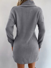 EURMUSE Turtleneck Drop Shoulder Jumper Dress Without Belt - Light Grey - View 2
