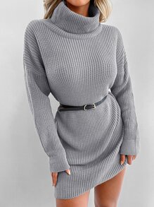 EURMUSE Turtleneck Drop Shoulder Jumper Dress Without Belt - Light Grey - View 6